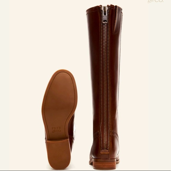 $399 Frye Jolie Back Zip Cognac Knee High Zip Up Round Toe Real Leather Boots - Picture 5 of 16